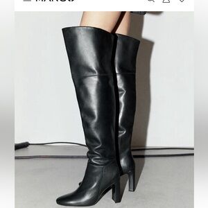 Black Leather Knee-High Boots MNG